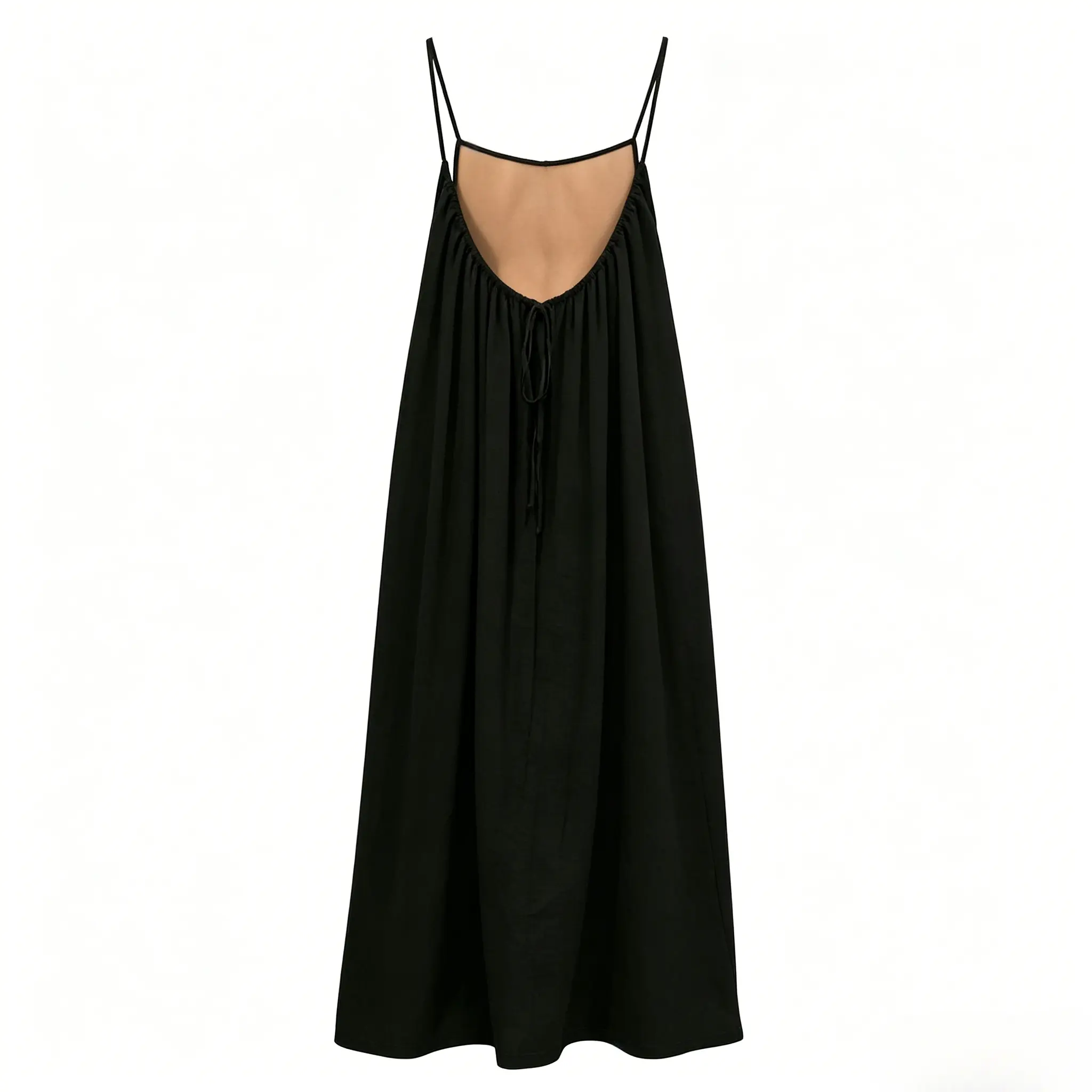 Crinkled Ice Silk Adjustable Spaghetti Strap Maxi Dress, Breathable Loose Open Back Cami Gown for Beach Vacation Daily Wear Casual Fit Soft Summer Womenswear Black Comfy Day Outfit