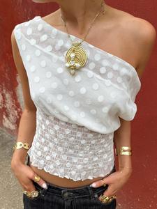 European Style Asymmetrical Shoulder Polka Dot Mesh Top, Sheer Sexy Slim-Fit Sleeveless Summer T-Shirt, Casual Streetwear