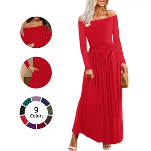 Chicovar Women's Off-Shoulder Spring Maxi Dress – Long/Short Sleeve with Pockets, Perfect for Vacation, Dinner & Semi-Formal Occasions,Fall/Spring/Summer Maxi Dress
