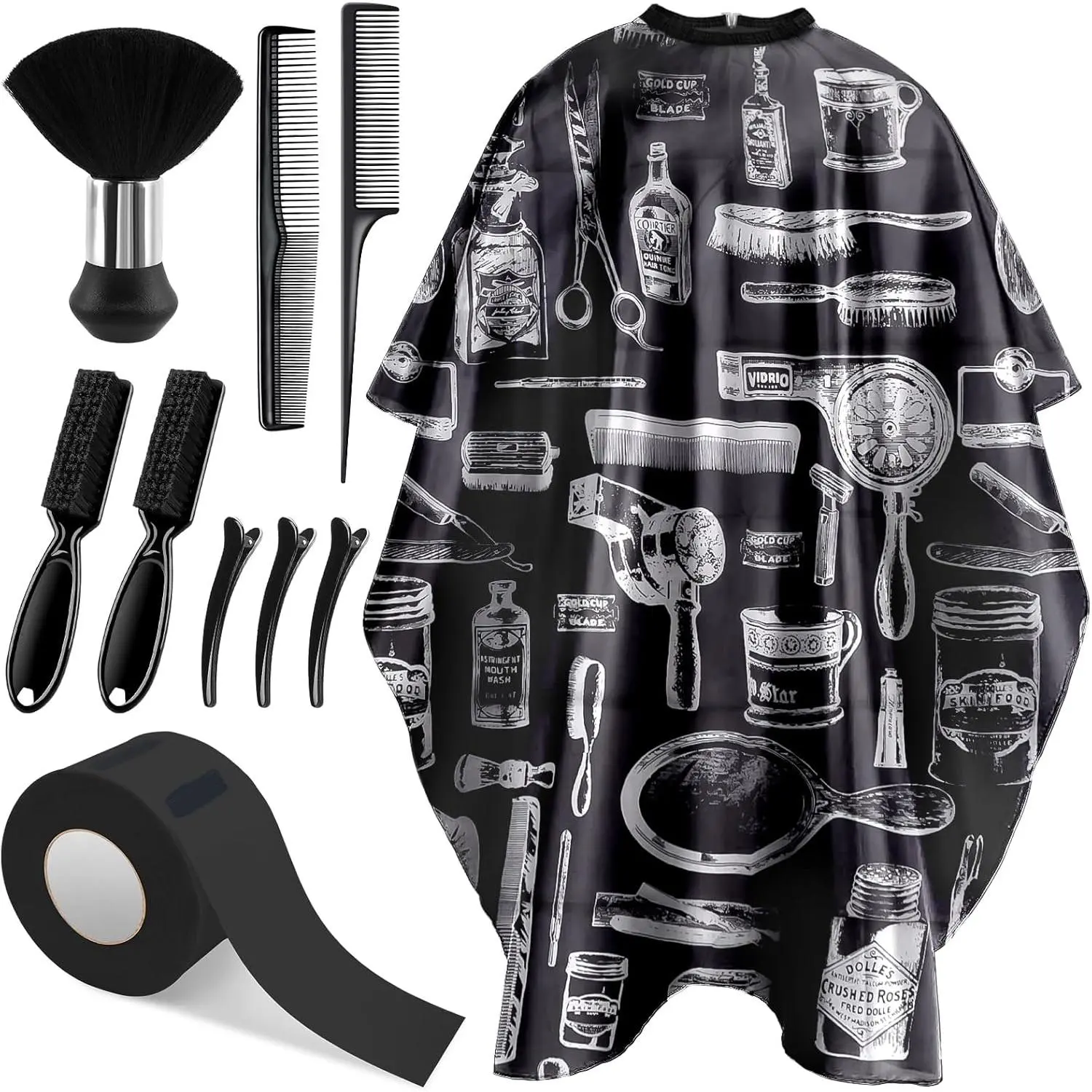 10 in 1 Hair Cutting Barber Cape Set.Includes cape, brushes, combs, clips.Premium nylon cape, large size.Brush set versatile.Easy clean, reusable.For salons & home.#BarberAccessories#Haircutting