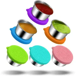 6Pcs 2.36 oz Small Condiment Containers with Lids, Reusable Stainless Steel Sauce Cups, Leakproof Silicone Lids for Bento Box, Picnic and Travel (Multi Color)