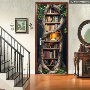 Fantasy Tree Bookshelf Door Stickers, Decorative Stickers, Self-Adhesive Paper Decorations, Perfect for Bedroom, Living Room, Office Doors, Natural Reading Home Decor
