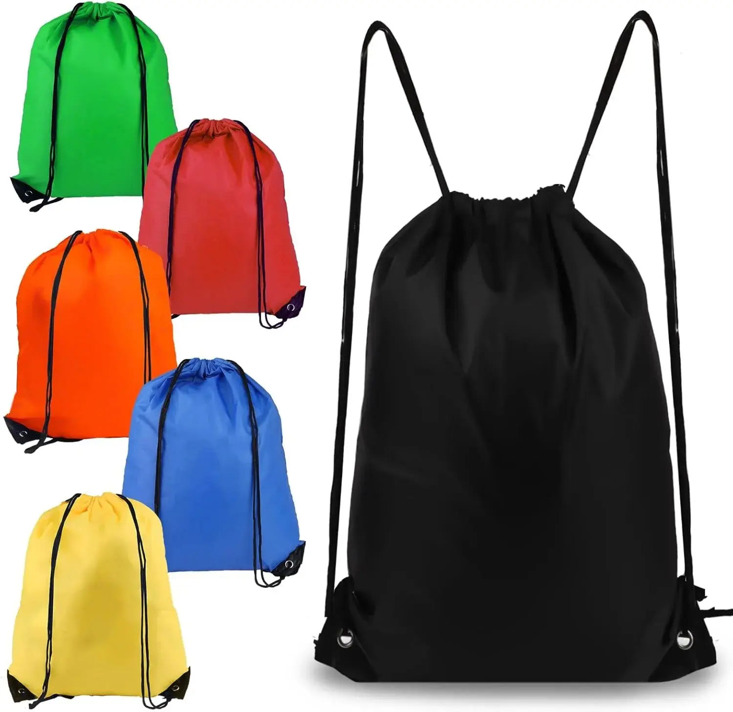 Drawstring Backpack 6Pcs Drawstring Gym Bags Black Draw String Bags Backpack for Sports, Gym, Travel, Swimming, Beach