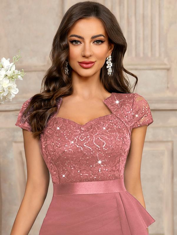 Miusol 54539 Women's Elegant Cap Sleeve Sequin Lace Cocktail Dress Navy Blue Short sleeved Quinceanera Birthday Dress for Formal Chic Comfort Workwear Basic Minimalist Style