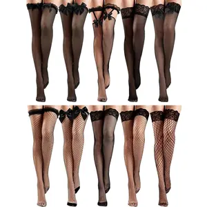10 Pairs Silk Fishnet Thigh High Stockings Women Lace Top Sheer over Knee Stocking for Halloween Sexy Lace Wide Stockings Silk Thigh High Stockings for Women