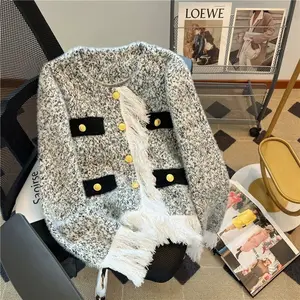 2025 Vintage Cropped Knitted Cardigan Women Elegant Tassel Patchwork Sweater Outerwears Korean Print Knitwears Winter Design Jumpers winter