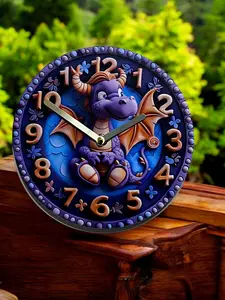 12-In Unisex Cute Purple Dragon Wall Clock - Whimsical Fantasy Artwork Home Decor, Room Decor for Indoor Nurseries, Ideal Gift for Home Supplies Enthusiasts