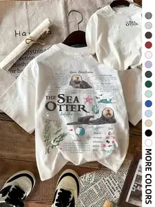 Women's Sea Otter Print Round Neck Tee, Casual Short Sleeve T-shirt for Daily Wear, Ladies Clothes for All Seasons, Top, Womenswear
