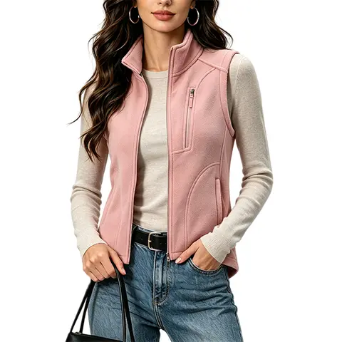Women's Minimalist Fitted Cut Knit Chenille Fleece Sleeveless Vest - Basic Casual Top with Tailored Lines, Smooth Main Zipper Closure, Multiple Pockets, Soft Pink Lightweight Outerwear for Weekend Gatherings, Streetwear