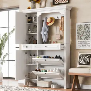 [Bellemave]VIBE HAUS 51.1/54.7'' Hall Tree with Integrated Shoe Cabinet and Mirrored Cabinet Door, Coat Hanger, Entryway Bench, 4-in-1 Design, 2 Flip Drawers, 4 Hooks and 2 Cabinets for Entrance,Living Room    RR