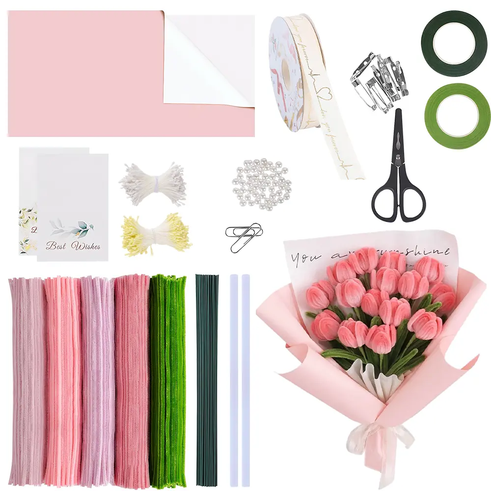 500 Pcs Pipe Cleaners Craft Kit for Flower Making,Complete DIY Bouquet Set with Chenille Stems,Craft Wire,Stamen,Tape,Ribbon & More,Ideal for Arts,Handmade Gifts & Decorations,Hand Tools Kits Diy Material