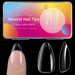 Short Almond Nails - Almond Clear Nail Tips 12 Sizes Almond Nail Tips, Artificial Acrylic False Nails, Full Cover Press on Nails Almond for Home DIY & Nail Tips Art