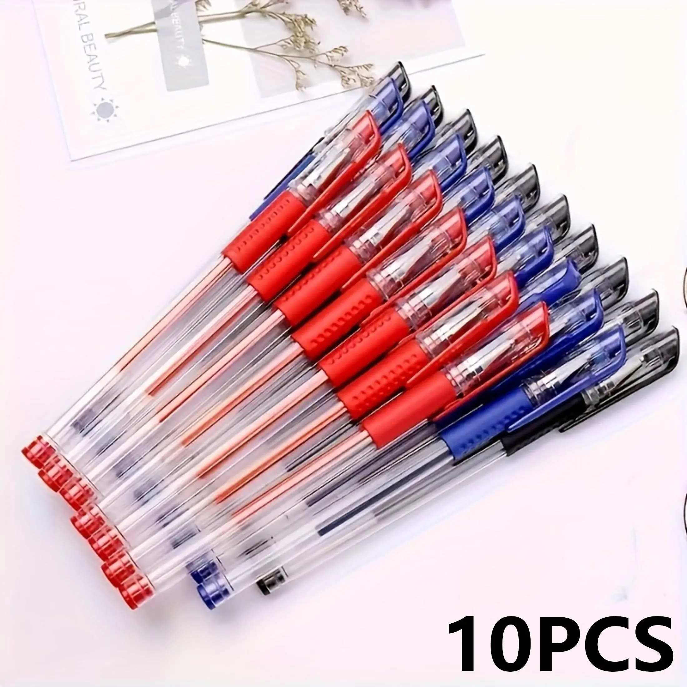10 office ballpoint pen set -0.5mm pen tip - black, blue, and red ink - comfortable grip for office use