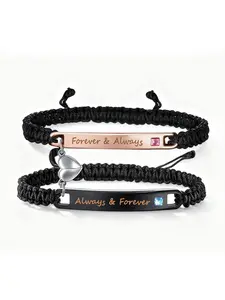 Couple Heart-Shaped Bracelet Set, Stainless Steel Braided Rope Engraved Bracelets, Long Distance Relationship Promise Gifts, Unisex Valentine's Day Present