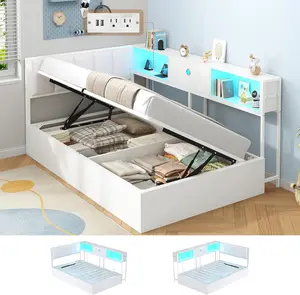 Hasuit Corner Twin Lift Up Storage Bed Frame with Charging Station & LED Lights, Twin Day Bed with Upholstered Headboard and Bookcase, Corner Beds with Hydraulic for Kids Teens Guests
