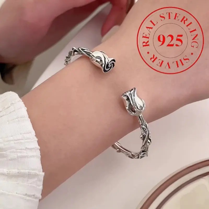Female 925 Sterling Silver Openwork Rose Bracelet - Elegant Minimalist Design Jewelry, Ideal for Parties or as a Gift for Adults