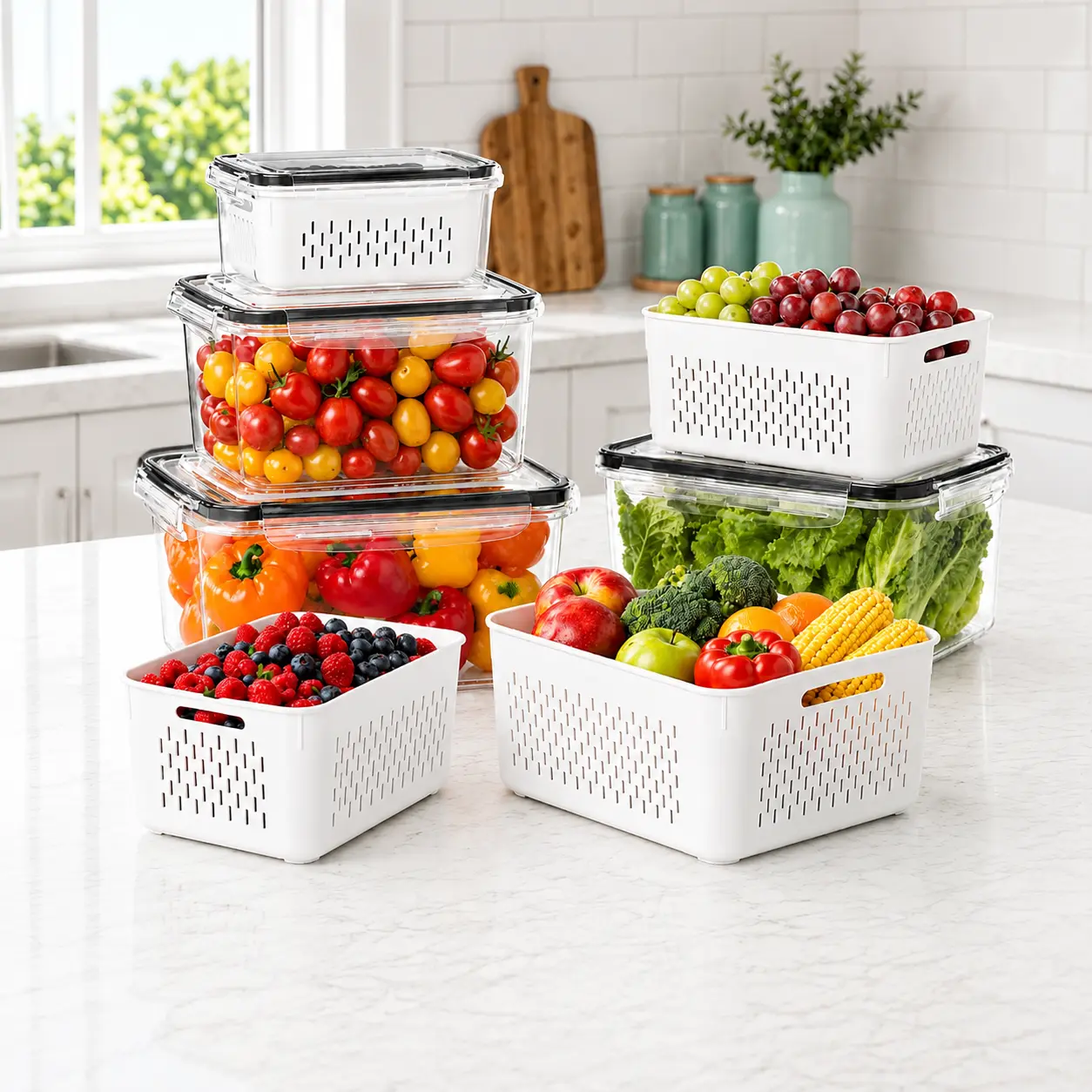 5-Pack Multi-Size Polypropylene Fruit & Vegetable Fridge Storage Containers, Nestable Produce Keepers with Removable Drainage Colander & Mesh, BPA-Free Fresh Food Boxes, Home Organizer Bins for Berries, Lettuce, Meat