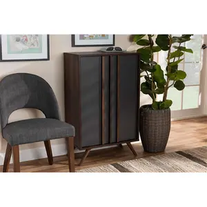 Wholesale Interiors LV15SC15150-Columbia-Dark Grey-Shoe Cabinet Baxton Studio Naoki Modern & Contemporary Two-Tone Grey & Walnut Finished Wood 2-Door Shoe Cabinet, Entryway Storage Cabinets, Wooden Storage Cabinet, Shoe Storage Cabinet, Five Shelves