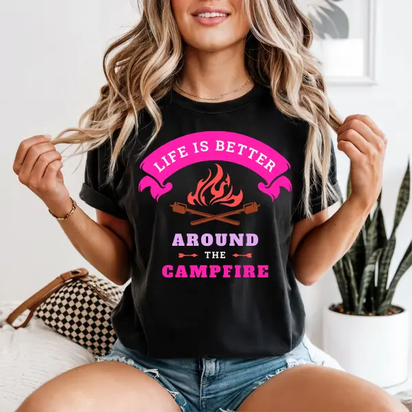 Women’s Classic Short Sleeve Graphic T-Shirt - Purple Northern Lights "Meet Me at the Campfire" Campfire Edition - Black - Cotton