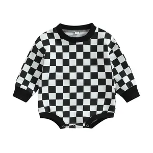 Baby Boy Girl Sweatshirt Romper Checkered Oversized Onesie Long Sleeve Crewneck Bubble Outfit Fall Clothes