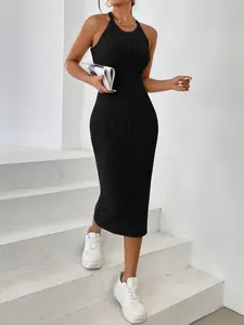 USBoutiqueCHIC Women's Slim Ribbed Knit Bodycon Midi Dress - Flattering Fit, Ideal for Night Out, Date, Available in Multiple Colors