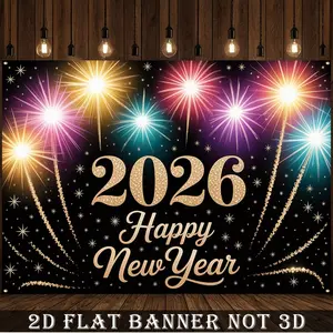 2D Flat Banner,1pc 2026 New Year's Eve Numbered 2026 Balloon Style Banner Wallpaper like Background Cloth Golden Black Large Polyester Fabric for 2026 Party Decoration