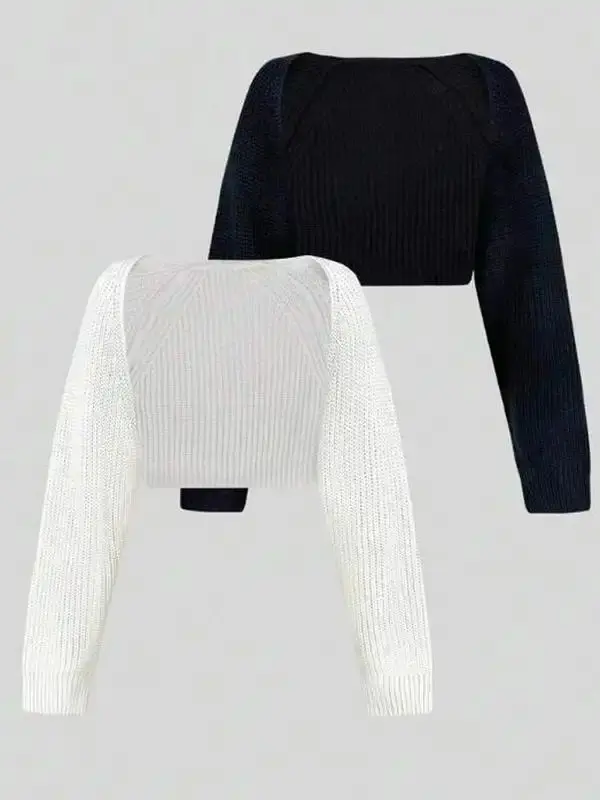 Women's Minimalist Textured Raglan Sleeve Shrug Set Chic Open Front Sweater Cardigan Back To School Cropped Cardigan Comfort Long Sleeve Knitwear for Fall Two Piece Set