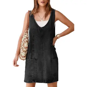 Women's Denim V Neck Sleeveless Overall Dress Casual Mini Pinafore Dress Short Jumper Jeans Dress with Pocket