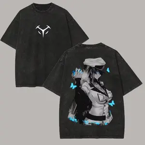 Akame Ga Kill Esdeath Ice Queen Blue Butterfly Washed Graphic T-Shirt, Monochrome Military Uniform Anime Print, Unisex Oversized Cotton Short Sleeve, Vintage Streetwear Tee, Harajuku Style for Otaku Fans
