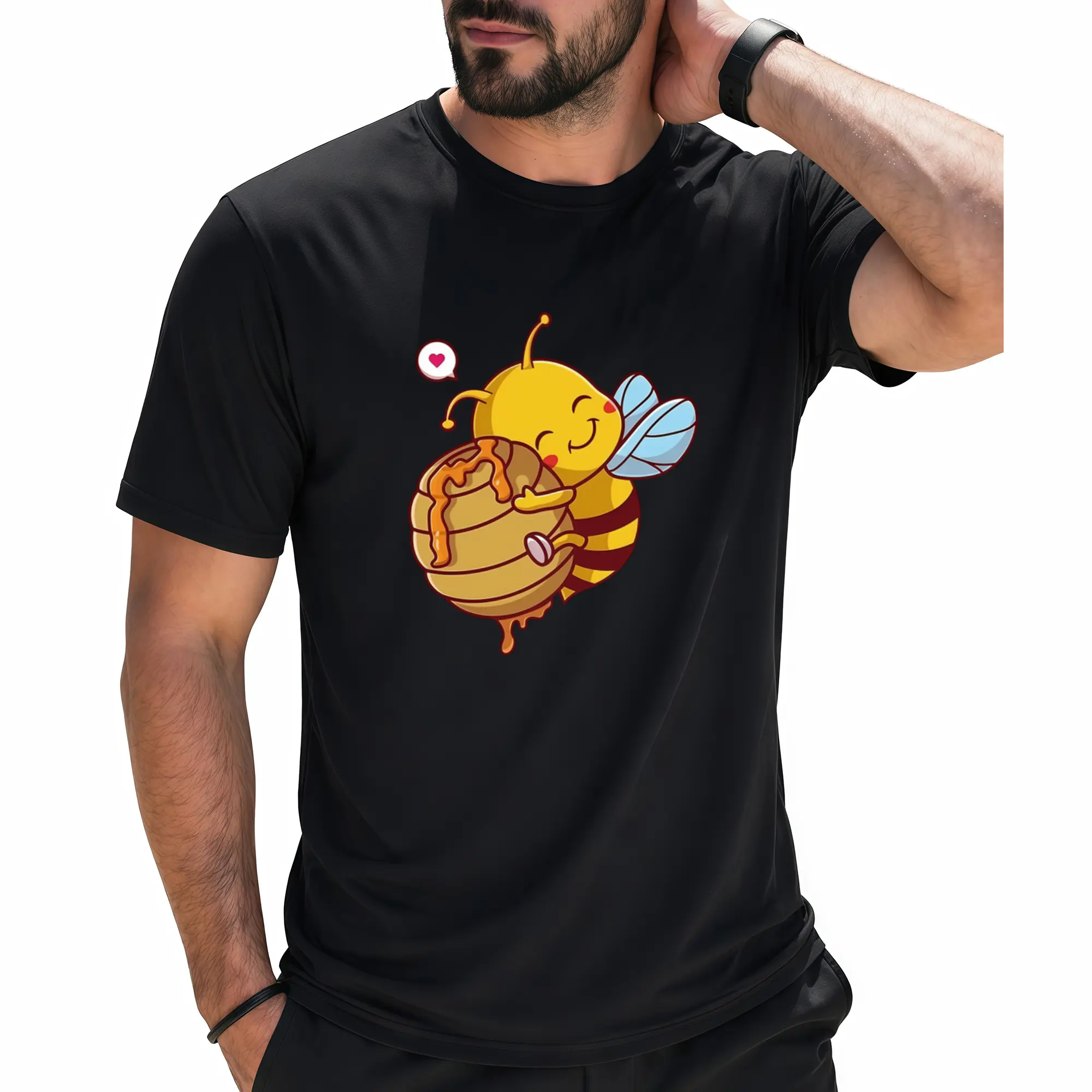 Men’s Heavyweight 100% Cotton Graphic Crew Neck T-Shirt, Cute Cartoon Bee Hugging Beehive Fun Print Short Sleeve Tee, Unisex Must-Have Soft Casual Top for Summer Loungewear & Daily Leisure Outfits for Young People