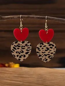 1 Pair Women's Leopard Print Design & Red Acrylic Heart Shaped Dangle Feature Earrings, Exaggerated Nightclub Party Style Earrings Suitable For Daily Wear