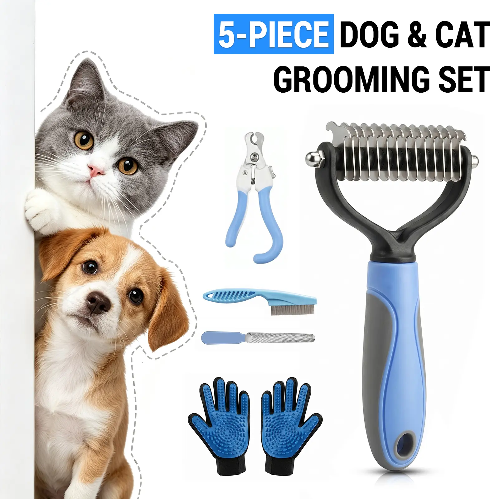 5-in-1 Dog & Cat Grooming Kit - Stainless Steel Hair Care Products, Double-Sided Deshedding Tool, Deshedding Rake, Grooming Glove, Nail Clippers for Fur Control & Loose Fur Removal (Beauty/Hair Care) brush shedding extra-wide long-haired pet, Grooming Goo