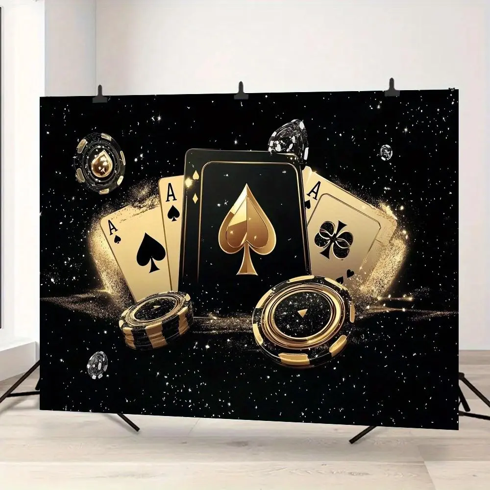 1pc Soft Washable 2D Flat Glam Printing Banner Stand, Black & Golden Luxury Poker Theme Backdrop with Cards, Dice, Roulette, Durable Polyester Indoor/Outdoor Wedding Party Decor (White)