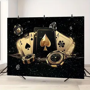 1pc 2D Flat Elegant Poker Theme Backdrop - Black & Golden Luxury Design with Cards Dice and Roulette Durable Polyester Indoor/Outdoor Party Decor for Weddings Birthdays Anniversaries Easy - to - Banners Ornaments White