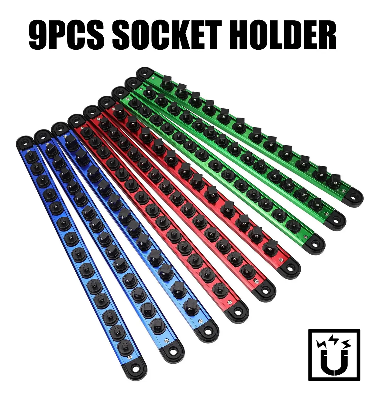 9PCS Magnetic Socket Organizer Rail System - Aluminum Holder with Magnetic Hold, Multi-Size 1/4"-3/8"-1/2" Drive Socket Clips, Color-Coded Metric SAE Storage to Organize Tools in Toolbox