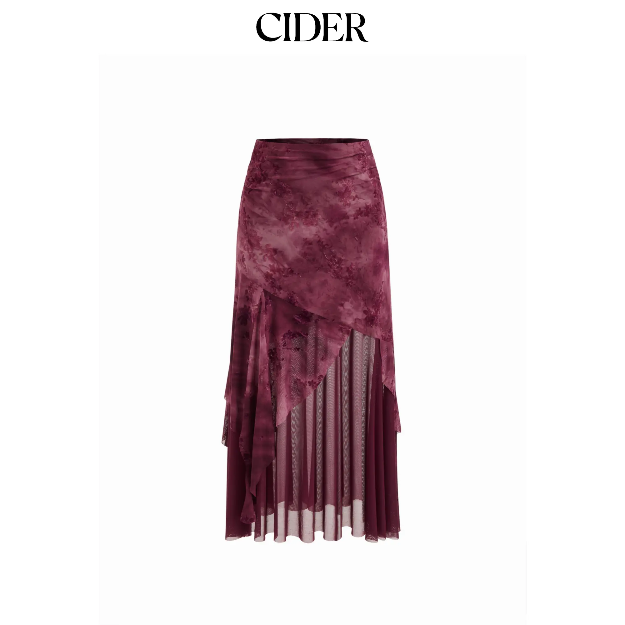 Cider Women's Elegant Chic Tie-Dye Floral Tulle Mesh Maxi Skirt, Mid-Rise Asymmetrical Hem, Elegant Chic Skirt, A-Line Skirts