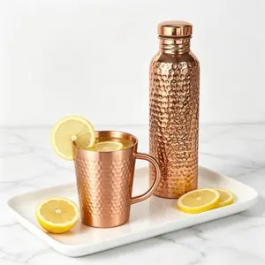 2pcs Set of 34 Ounce Pure Copper Water Bottle and Mug Handcrafted with Indian Hammer Pattern Craftsmanship Elegant Design Leak Proof Lid Durable Hygienic for Home Office Travel Birthdays Weddings Mother’s Day Summer Time Hydration