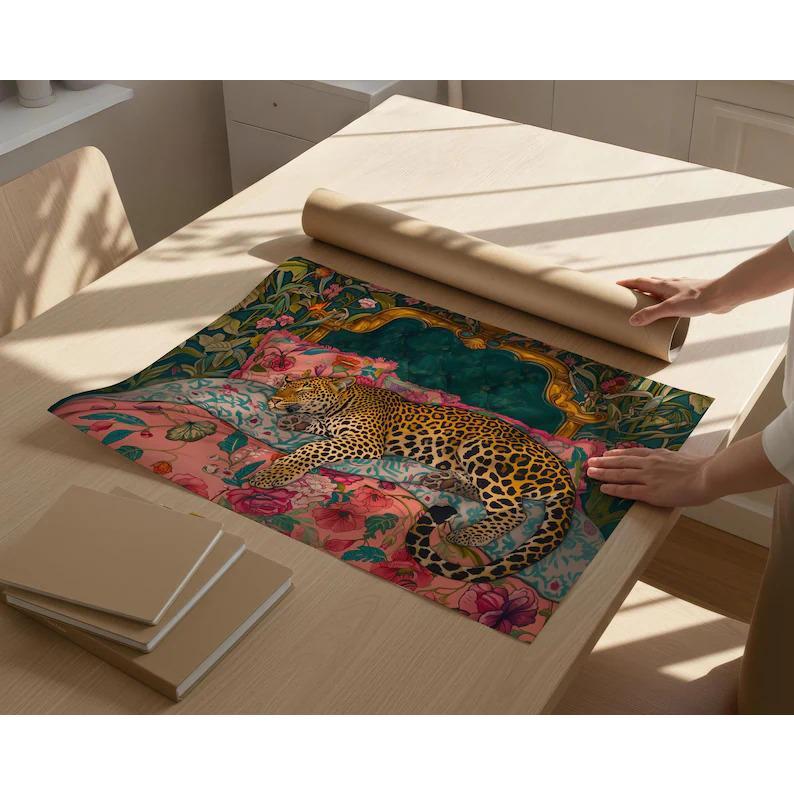 Sleepy Leopard in a Vintage Bed Print - Pink & Emerald Green Maximalist Wall Art - Jungle Bedroom Decor