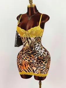 Y2K Leopard Print Party Yellow Lace Cup Detail Tropical Floral Mesh Bodycon Mini Dress Cheetah Print Outfits Sleeveless Spaghetti Strap Glamorous Summer Set - Casual Womenswear Cami