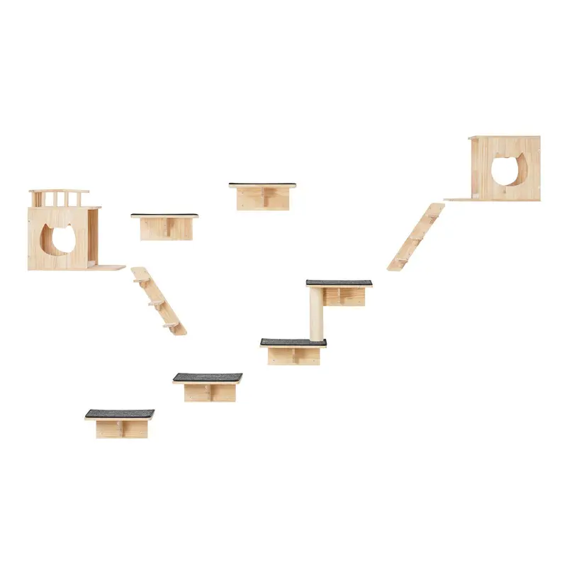 VEVOR Wood Wall Mounted Cat Shelves Set of 9 - Cat Perches with Jumping Boards, Beds, Hammocks & Tree, Up to 40 lbs Capacity for Sleeping, Playing