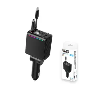 Bluetooth 5.3 Retractable Car Charger with Dual Type-C Cables Fast Phone Chargers FM Transmitter Car Adapter MP3 Player LED Backlit Hands-Free Calling Support USB Drive Road Trip Essentials