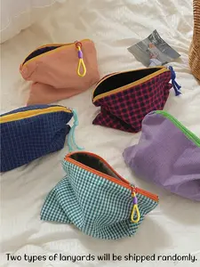 Cute Macaron Color Plaid Makeup Bag, Sanitary Pad Storage, Women's Travel Pouch, Pencil Organizer, Handheld Cosmetic Pouch, Large Capacity Brush Holder
