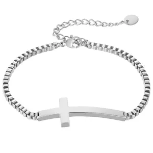 OIDEA Cross Charm Bracelet for Women, Stainless Steel Polished Box Chain Christian Religious Wristband, Faith Gift