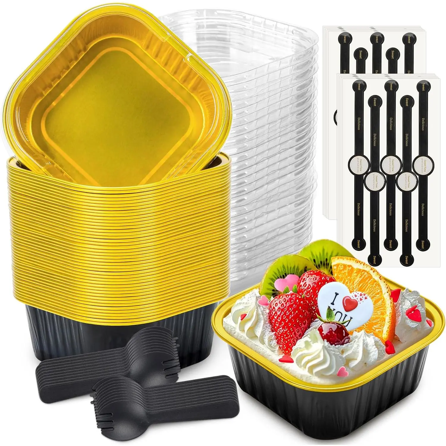 60 Pack Mini Cake Pans with Lids Mini Aluminum Pans, Disposable Loaf Pans Cupcake Liners with Lids for Pudding, Souffle, Party, Wedding(Black , 10 oz)