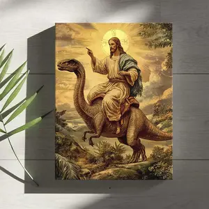 Jesus Riding Dinosaur Wooden Framed Canvas Print, Wall Art Painting, Modern Art Decoration, Living Room Bedroom Decoration, Hallway Office Mural, Kitchen, Home Poster, Religious