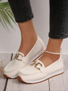 Women's Fall New Flat Low-Top Metal Buckle Slip-On Round Toe Flats Casual Walking Shoes, Comfortable Ladies Footwear for Daily Wear & Outdoor Activities