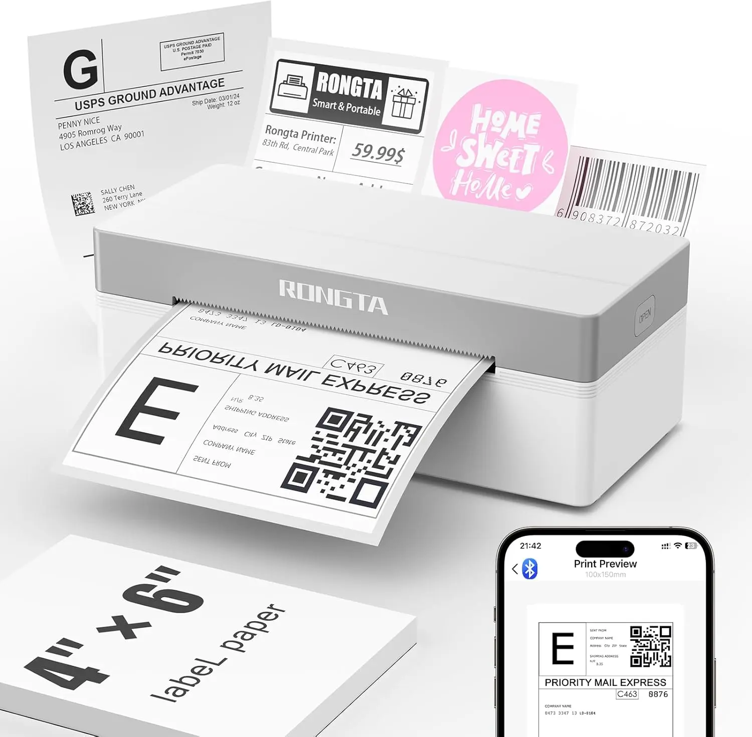 Bluetooth 4x6 Thermal Shipping Label Printer, Wireless Sticker and Address Label Maker Compatible with iPhone Android Windows and macOS for Small Business, Package Shipping, Online Orders, Home Office, Warehouse and Ecommerce Sellers