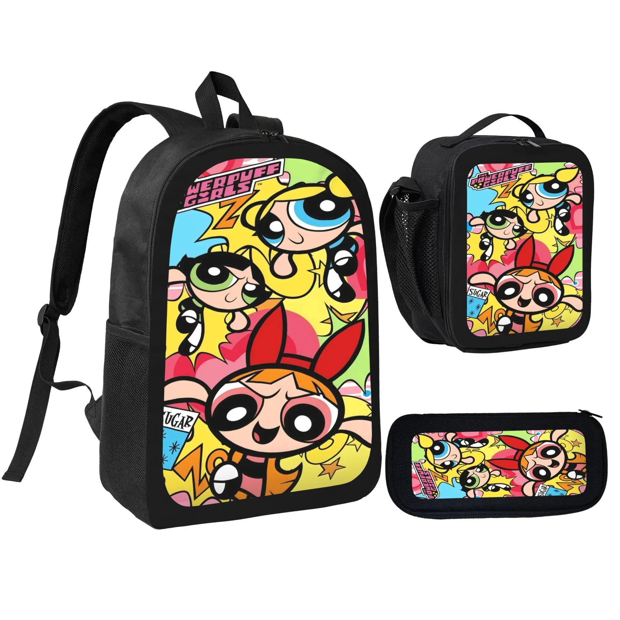 Powerpuff Girls All‑Over Print 3‑Piece School Bag Combo, Matching Backpack Pencil Pouch Thermal Lunch Bag for Girls Cartoon Fans Campus Travel
