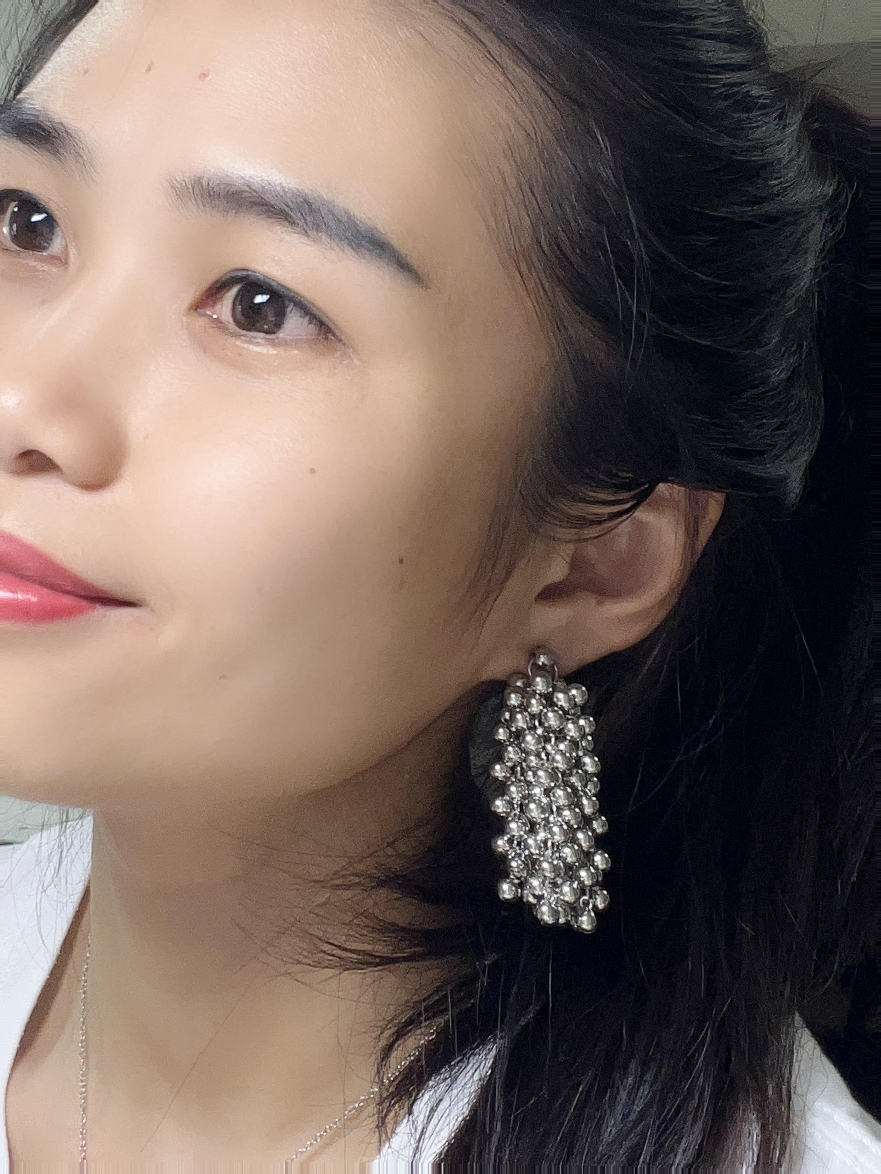 Stainless Steel Silver Grape Bead Tassel Earrings, Minimalist Statement Drop Earrings, Hypoallergenic Party Jewelry for Women