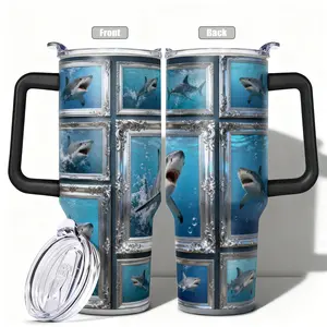 1pc, 40oz/30oz/20oz/14oz Stainless Steel Cup Great White Shark Ocean Graphic Double Wall Vacuum Insulated Cup, Leakproof Lid & Carry Handle Travel Mug for Outdoor Camping Hiking, Gift for Dad, Drinkware